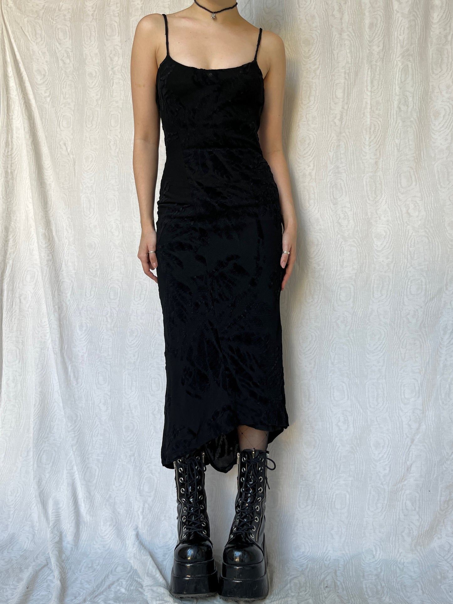 Vintage 00s Gothic Prom Black Silk Maxi Dress (S)