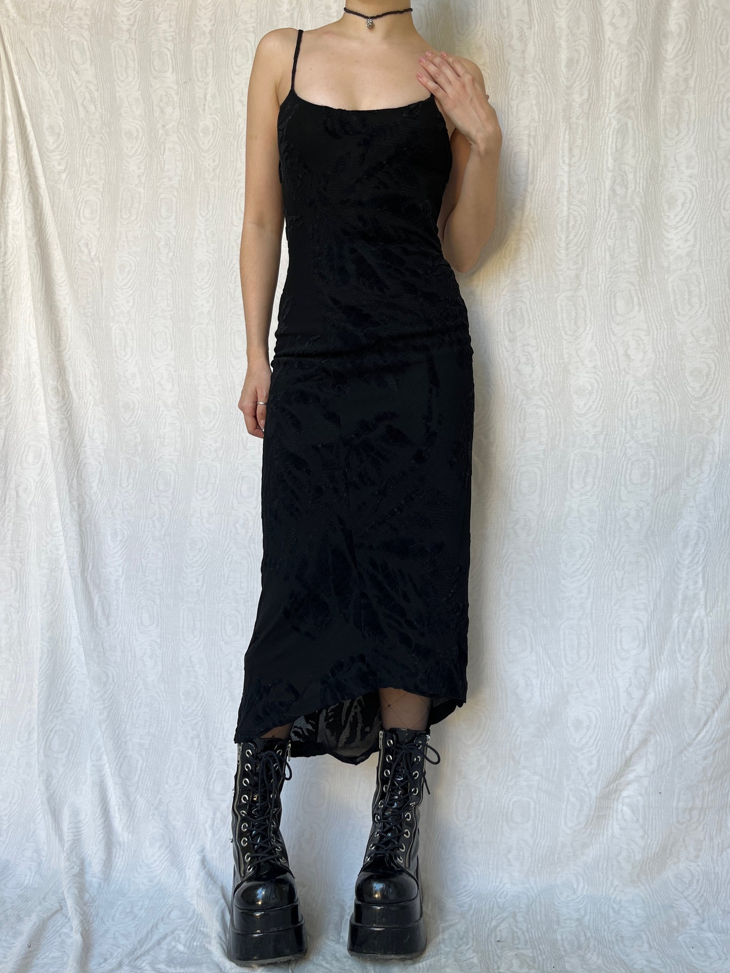 Vintage 00s Gothic Prom Black Silk Maxi Dress (S)