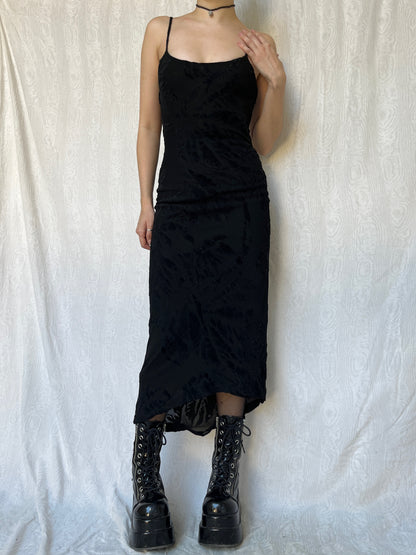 Vintage 00s Gothic Prom Black Silk Maxi Dress (S)