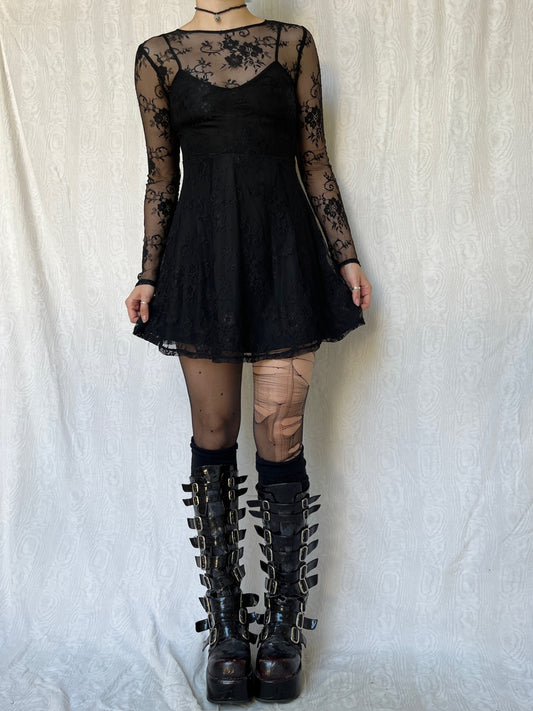 Vintage 00s Gothic Black Lace Mini Dress (XS/S)