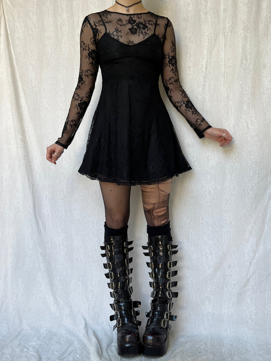 Vintage 00s Gothic Black Lace Mini Dress (XS/S)