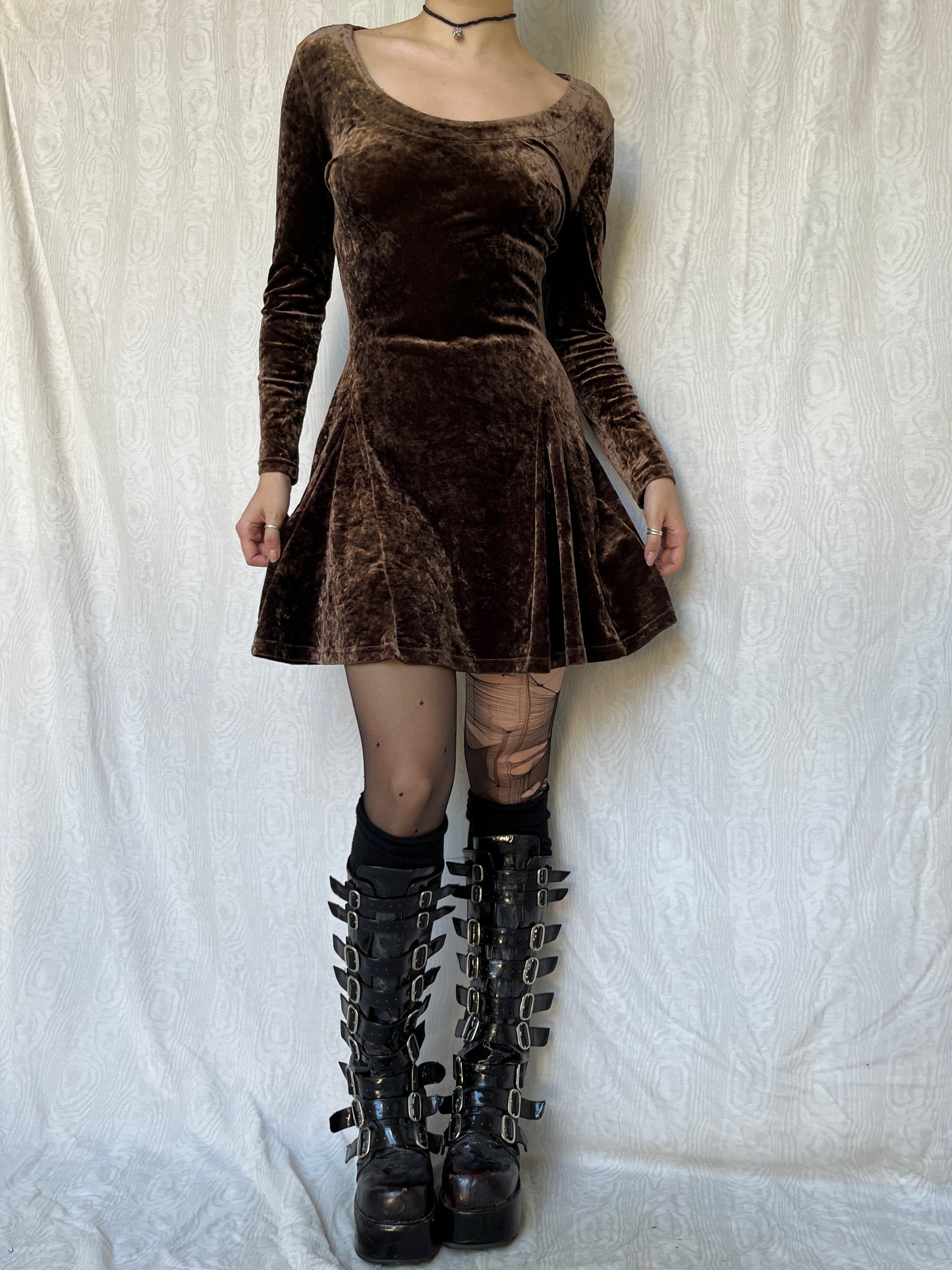 Vintage 00s Whimsigoth Light Brown Velvet Mini Dress (S/M)