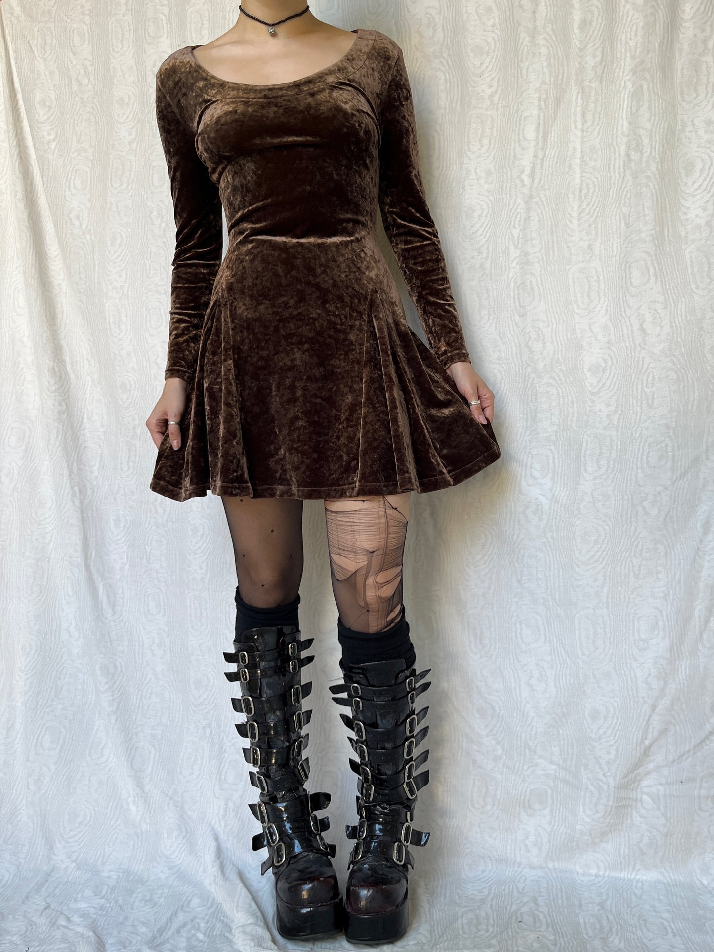 Vintage 00s Whimsigoth Light Brown Velvet Mini Dress (S/M)