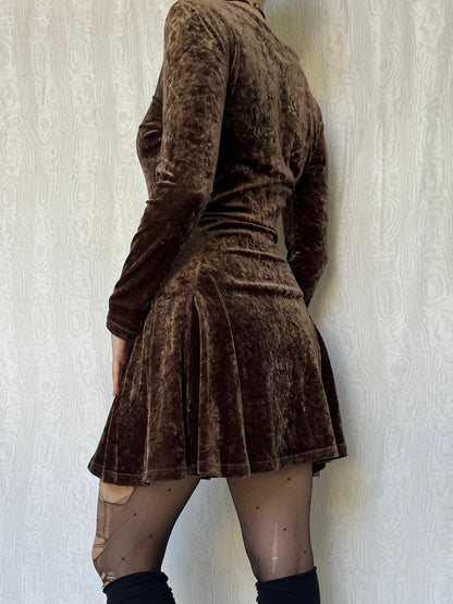 Vintage 00s Whimsigoth Light Brown Velvet Mini Dress (S/M)