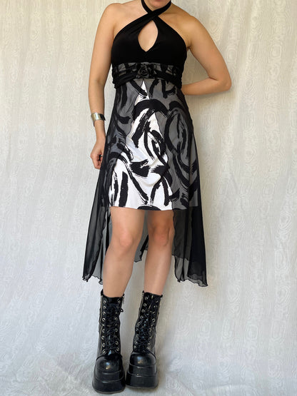 Vintage 00s Eclectic Romantic Cocktail Mini Dress w Mesh Overlay (M/L)