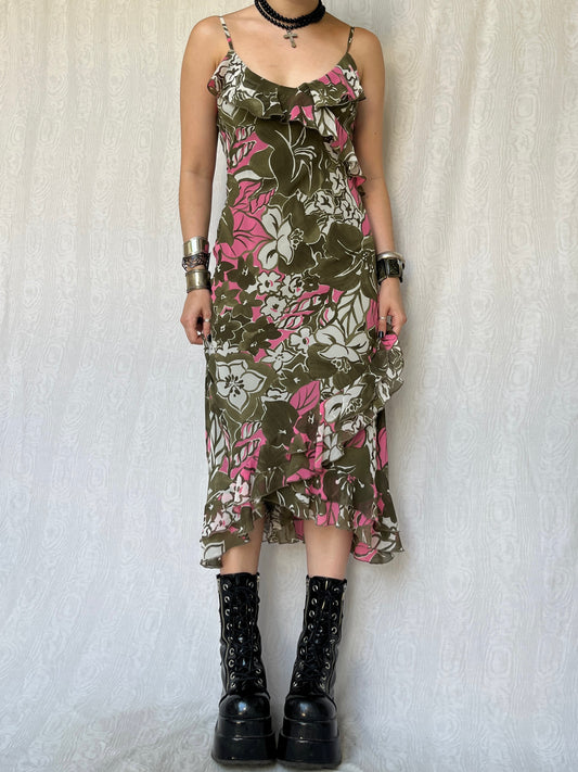 Vintage 00s Fairy Ruffled Green & Pink Dress (S/M)