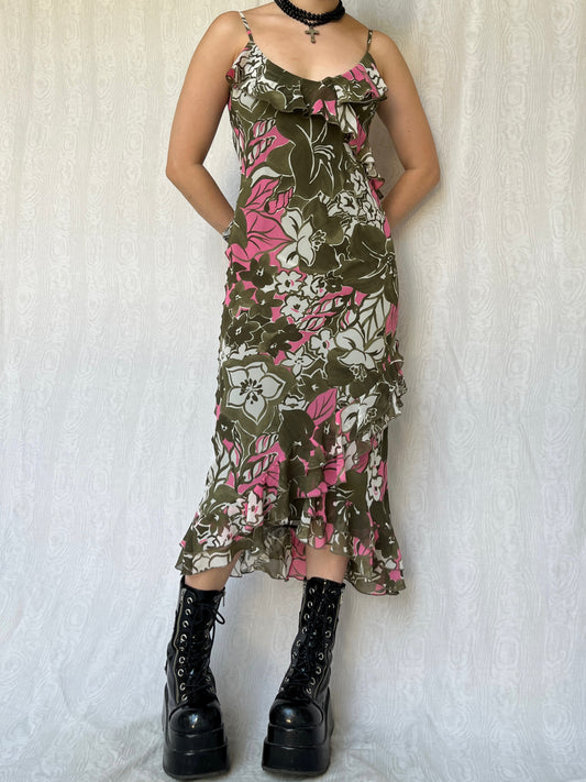 Vintage 00s Fairy Ruffled Green & Pink Dress (S/M)