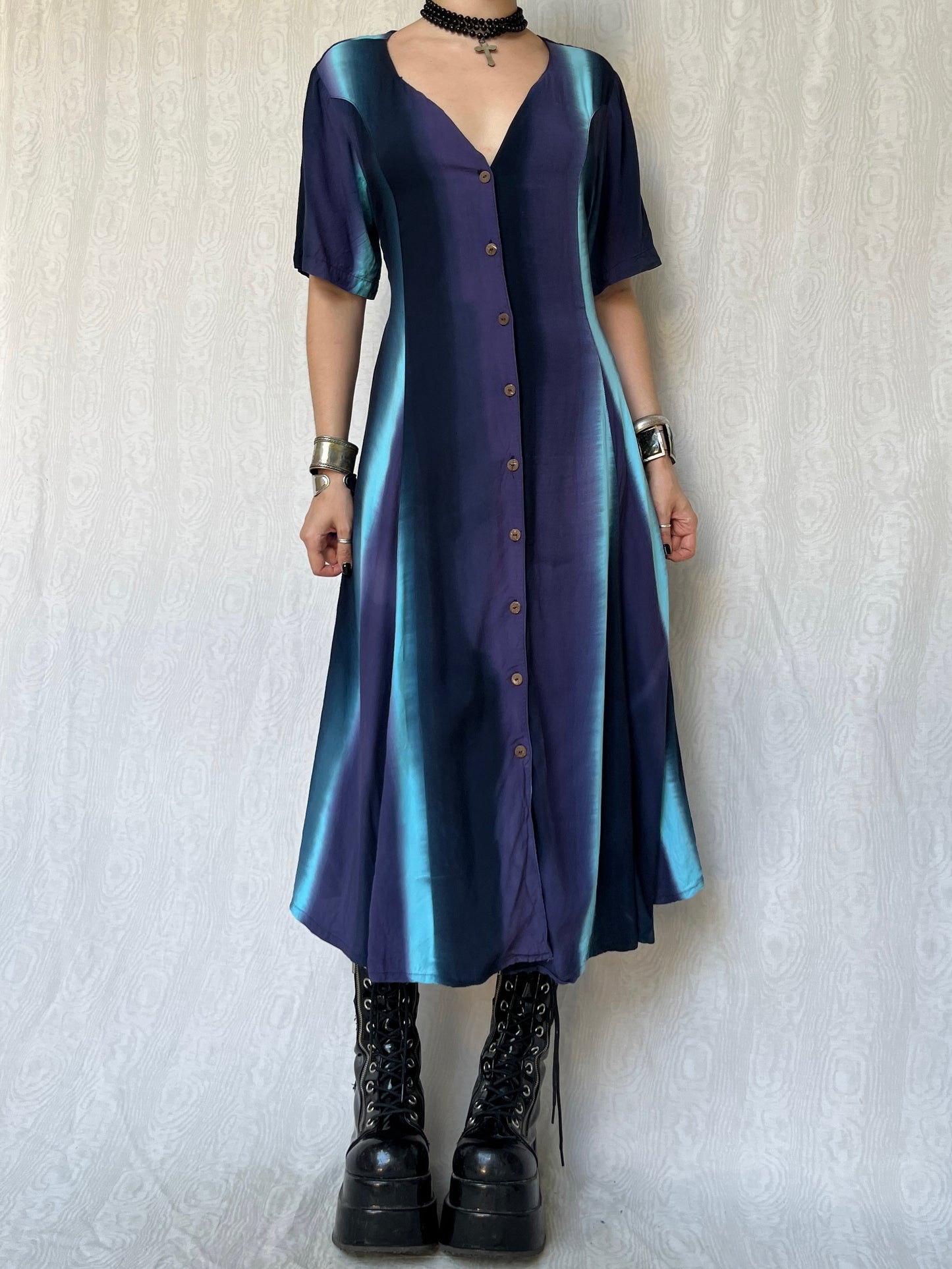 Vintage 90s Trippy Witchy Ombre Button Down Maxi Dress (M/L)