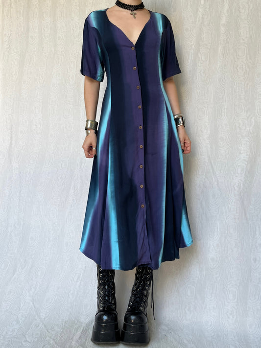 Vintage 90s Trippy Witchy Ombre Button Down Maxi Dress (M/L)