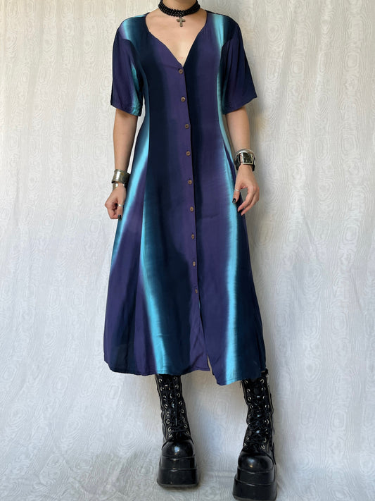 Vintage 90s Trippy Witchy Ombre Button Down Maxi Dress (M/L)