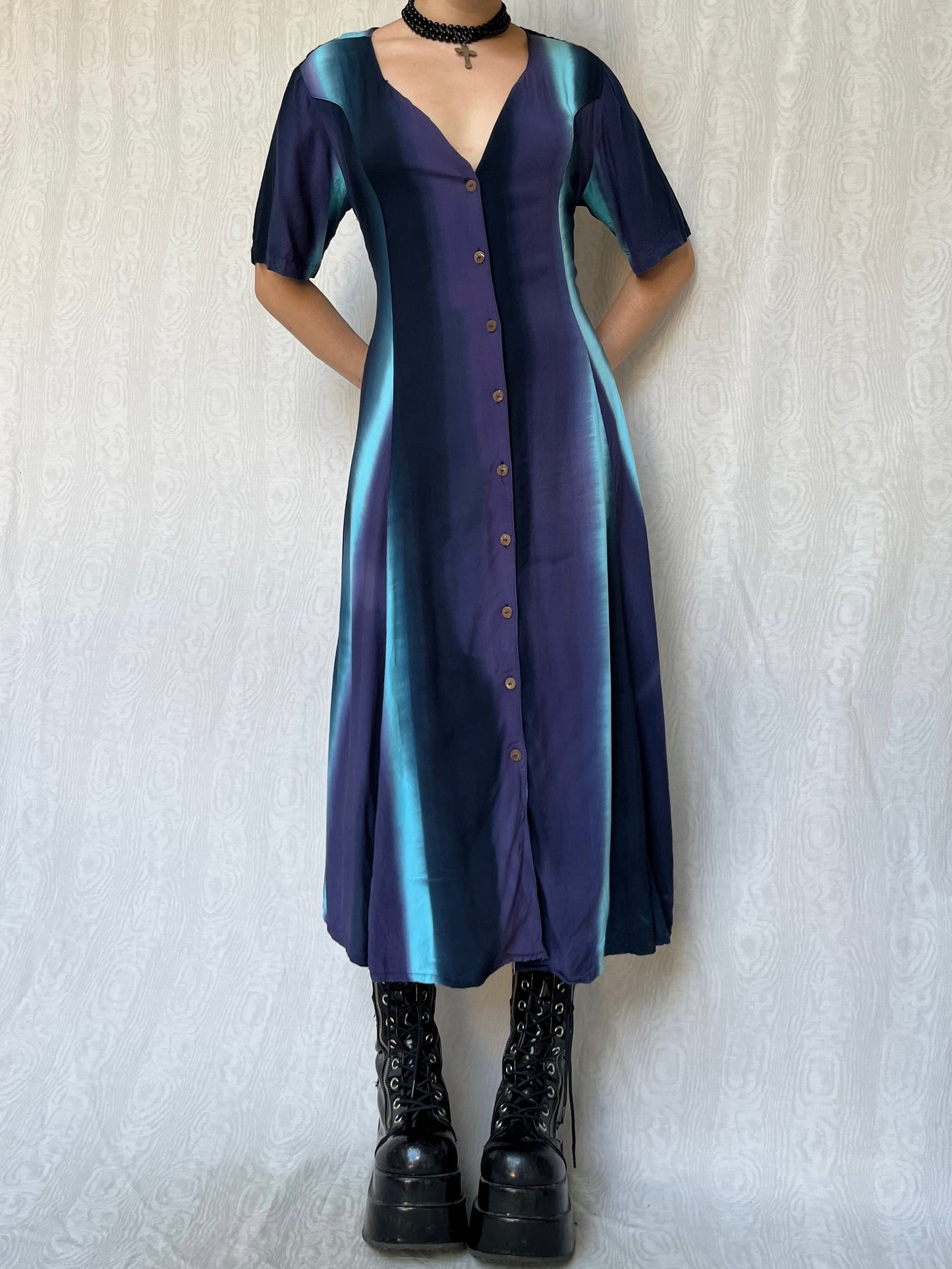 Vintage 90s Trippy Witchy Ombre Button Down Maxi Dress (M/L)