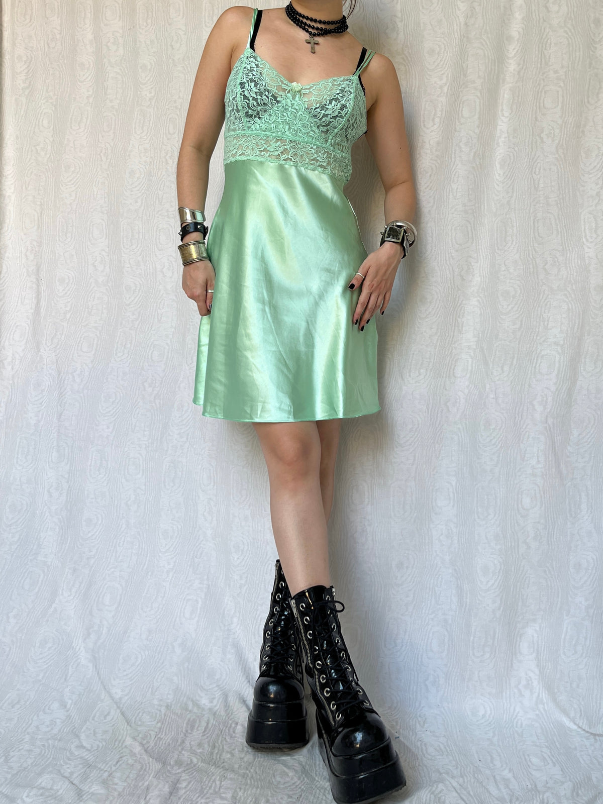 Vintage 00s Romantic Babydoll Satin & Lace Mini Dress (S)