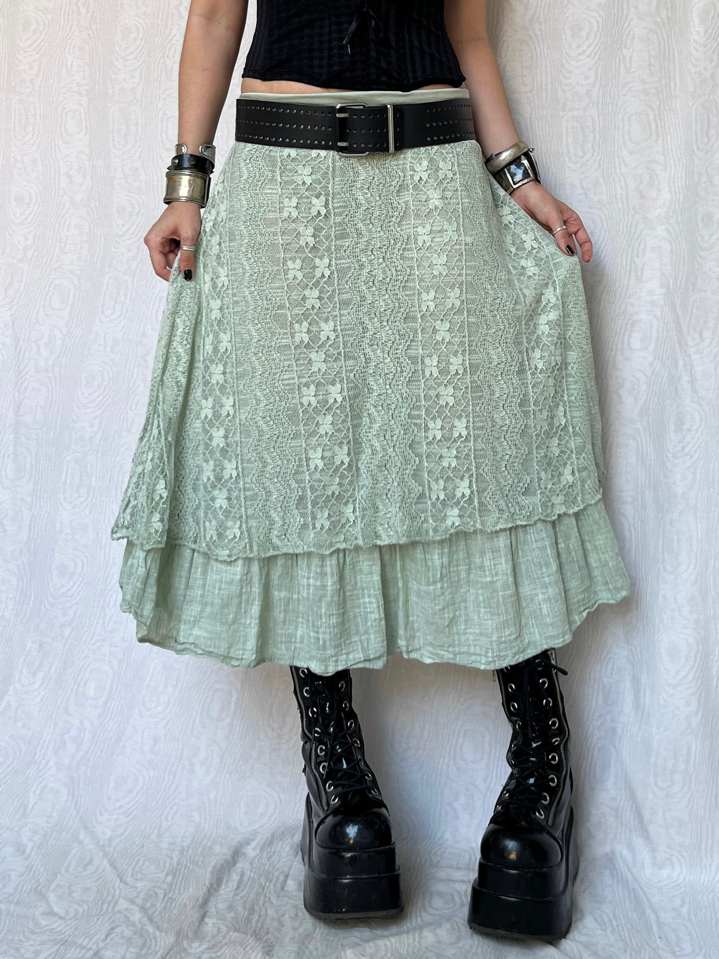 Vintage 00s Fairy Sleaze Lace Mint Maxi Skirt (S)