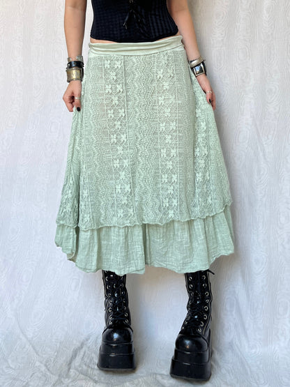Vintage 00s Fairy Sleaze Lace Mint Maxi Skirt (S)