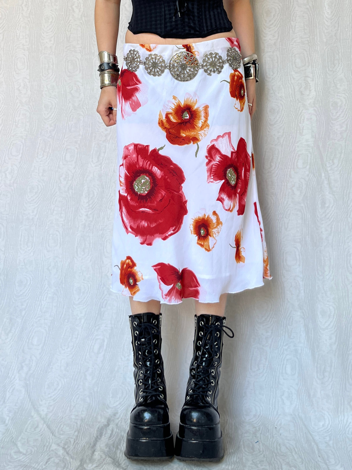 Vinatge 90s Eclectic Floral Graphic Midi Skirt (M)
