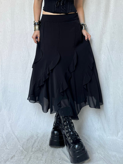 Vintage 90s Gothic Witchy Ruffled Black Maxi Skirt (M)
