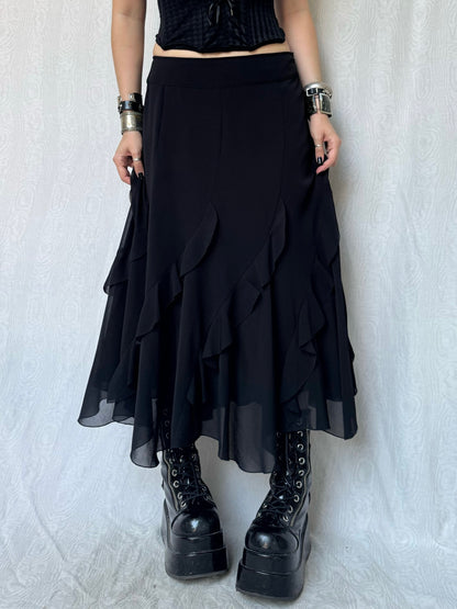 Vintage 90s Gothic Witchy Ruffled Black Maxi Skirt (M)