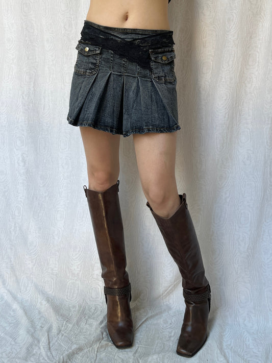 Vintage 00s Grunge Dark Denim Pleated Mini Skirt (S)