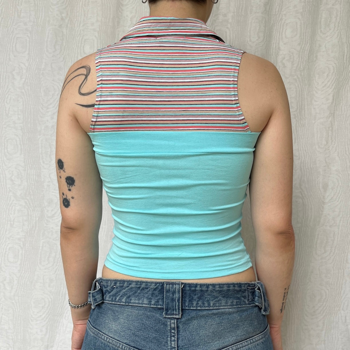 Vintage 00s Dedstock Eclectic Stripped Turquoise Top (S)