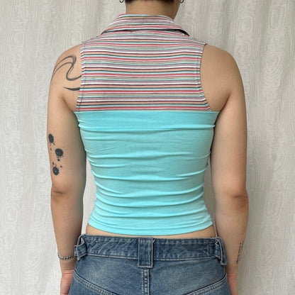 Vintage 00s Dedstock Eclectic Stripped Turquoise Top (S)