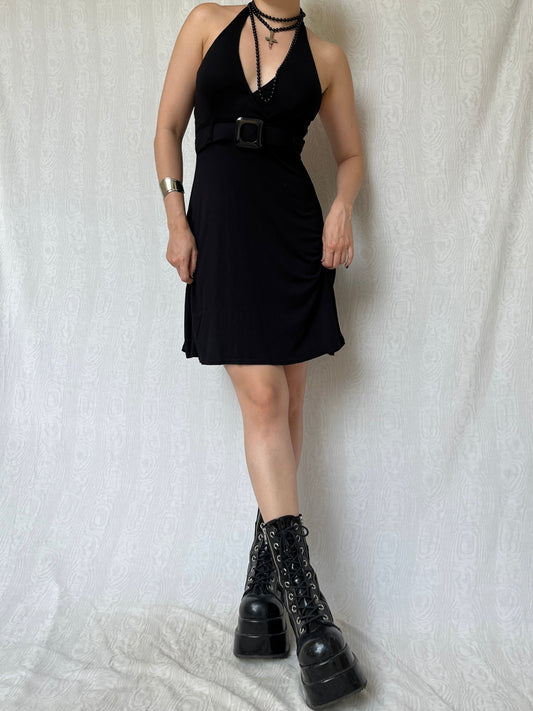 Vintage 00s Downtown Black Halter Dress (S/M)