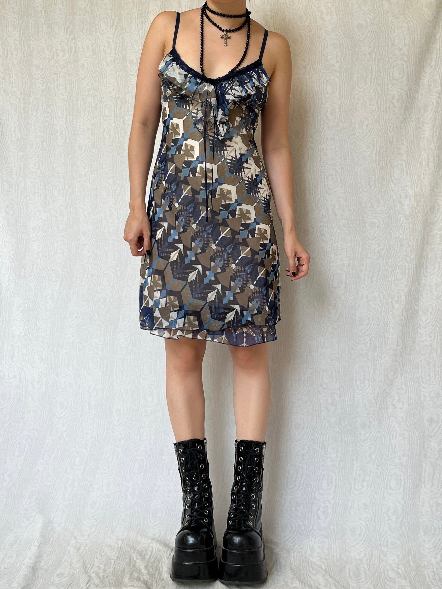 Vintage 00s Eclectic Graphic Ruffled Knee Dress (S/M)