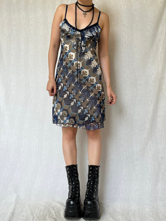 Vintage 00s Eclectic Graphic Ruffled Knee Dress (S/M)