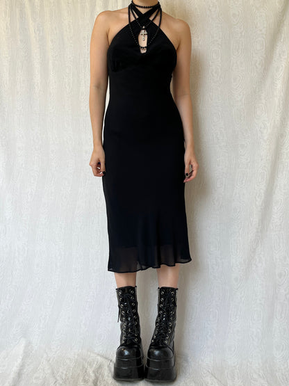 Vintage 00s Romantic Goth Halter Midi Dress (S)