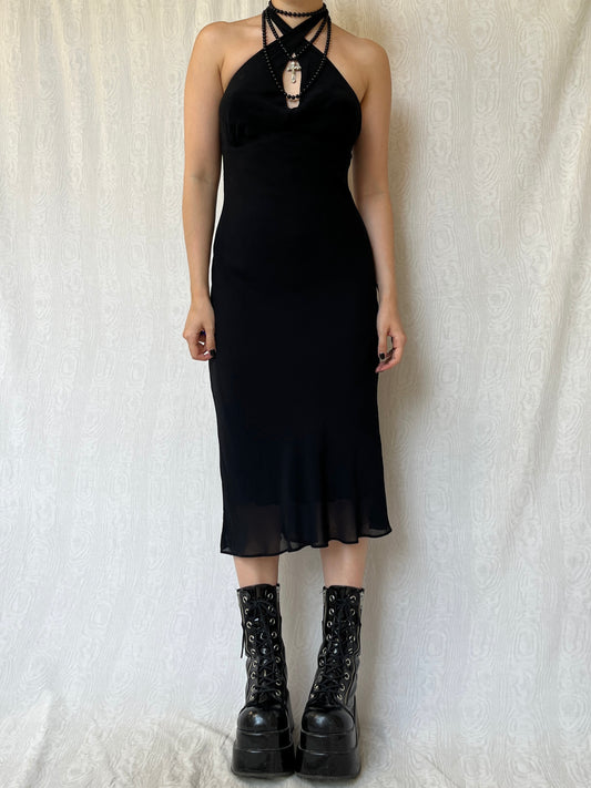 Vintage 00s Romantic Goth Halter Midi Dress (S)