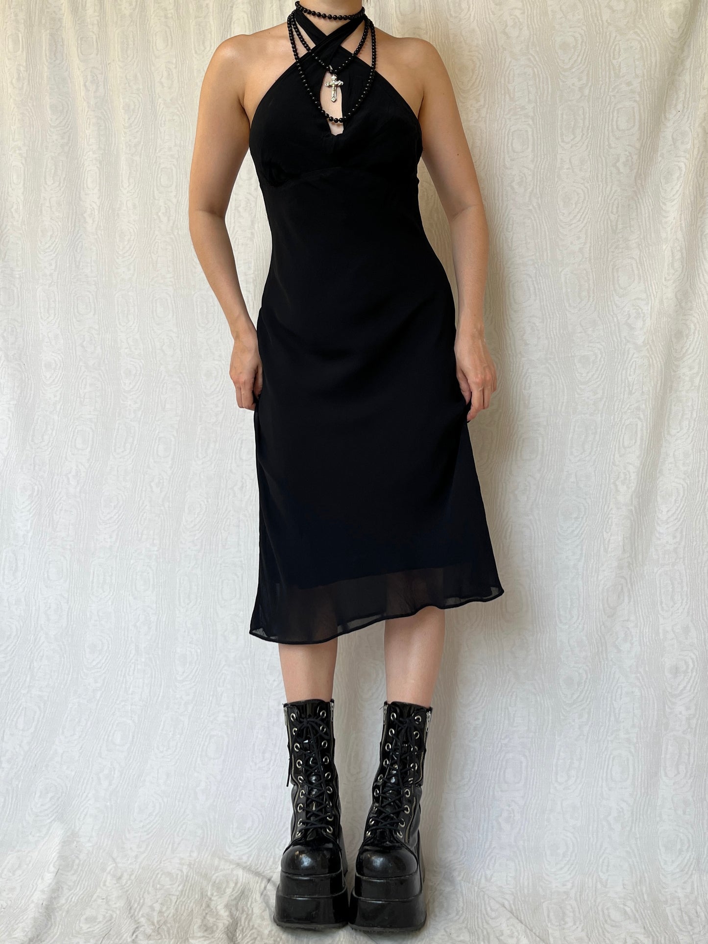 Vintage 00s Romantic Goth Halter Midi Dress (S)