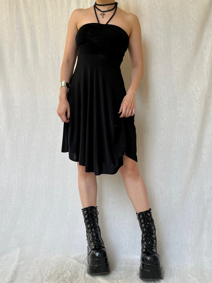 Vintage 00s Romantic Goth Strapless Black Knee Dress (XS/S)