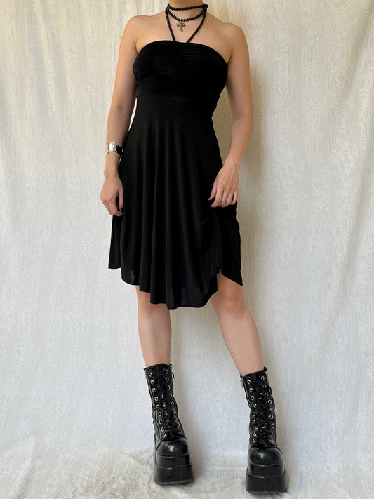 Vintage 00s Romantic Goth Strapless Black Knee Dress (XS/S)