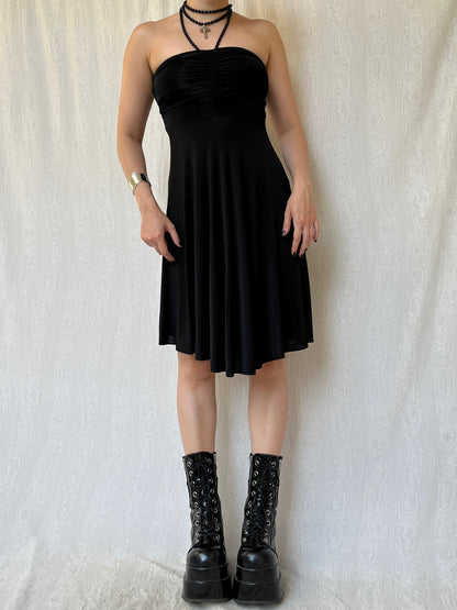 Vintage 00s Romantic Goth Strapless Black Knee Dress (XS/S)