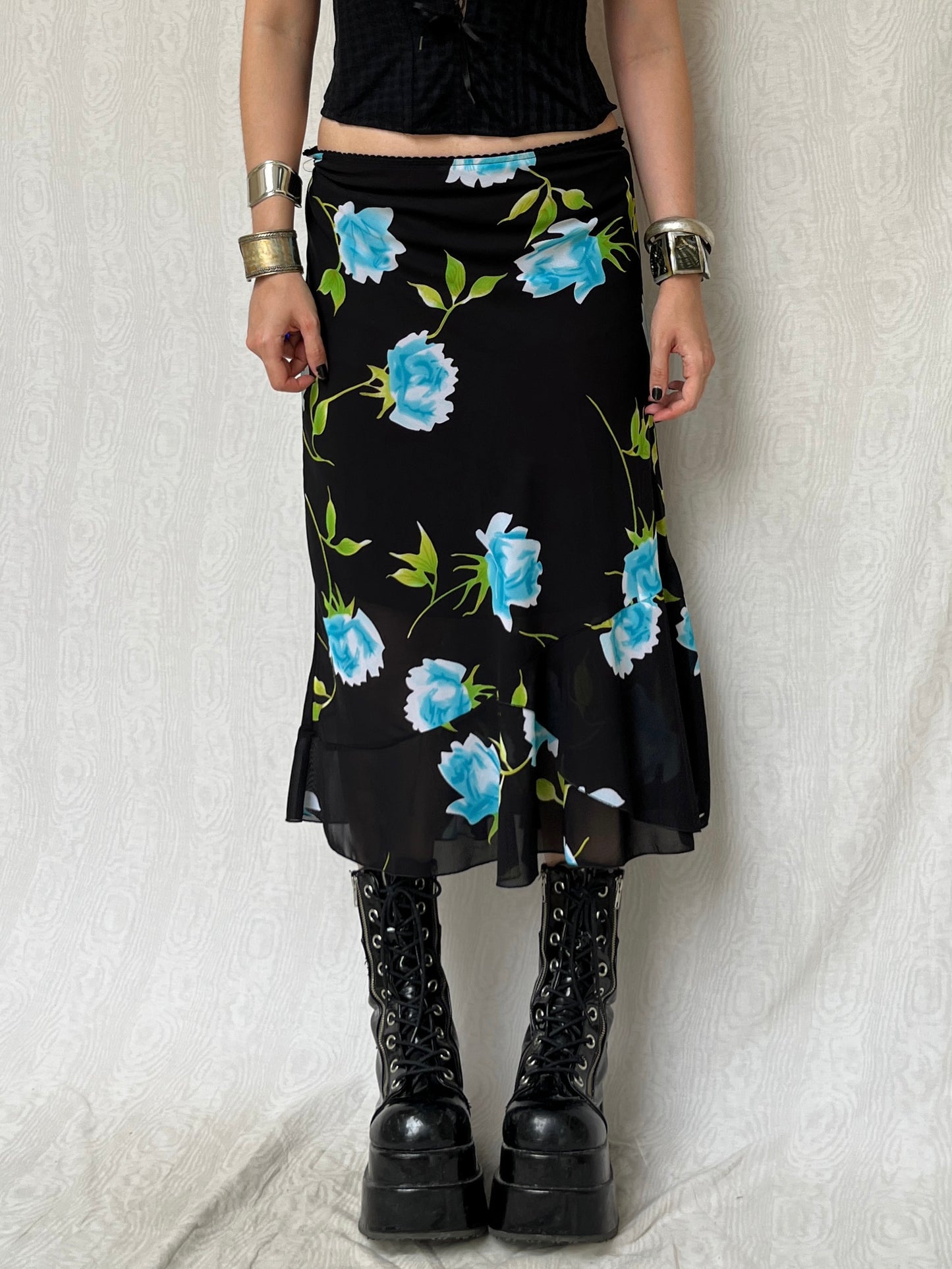 Vintage 90s Grunge Fairy Blue Rose Graphic Midi Skirt (M)