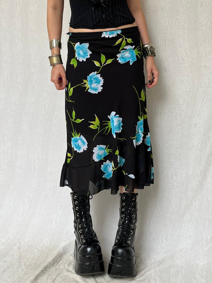 Vintage 90s Grunge Fairy Blue Rose Graphic Midi Skirt (M)