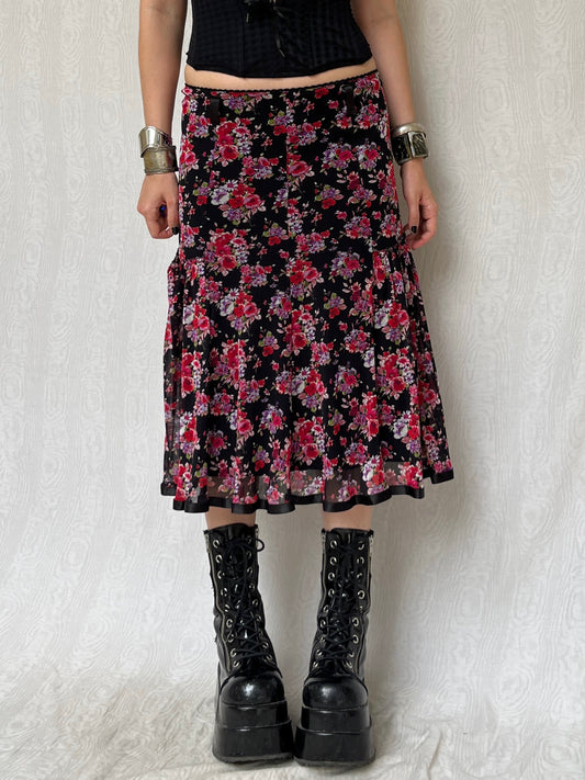 Vintage 00s Fairy Grunge Floral Midi Skirt (S/M)