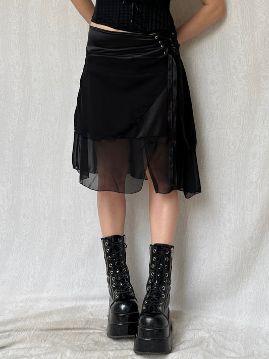Vintage 00s Romantic Goth Corset Black Knee Skirt (S)
