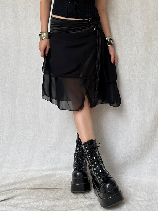 Vintage 00s Romantic Goth Corset Black Knee Skirt (S)
