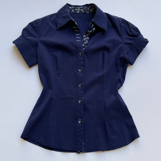 Vintage 00s Coquette Blue Fitted Button Up Shirt (XS)