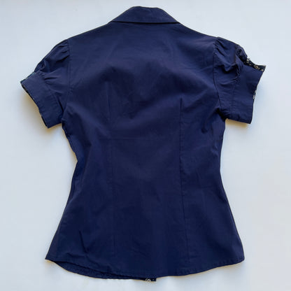 Vintage 00s Coquette Blue Fitted Button Up Shirt (XS)