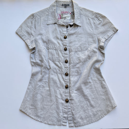 Vintage 00s Downtown Beige Button Up Shirt (S/M)