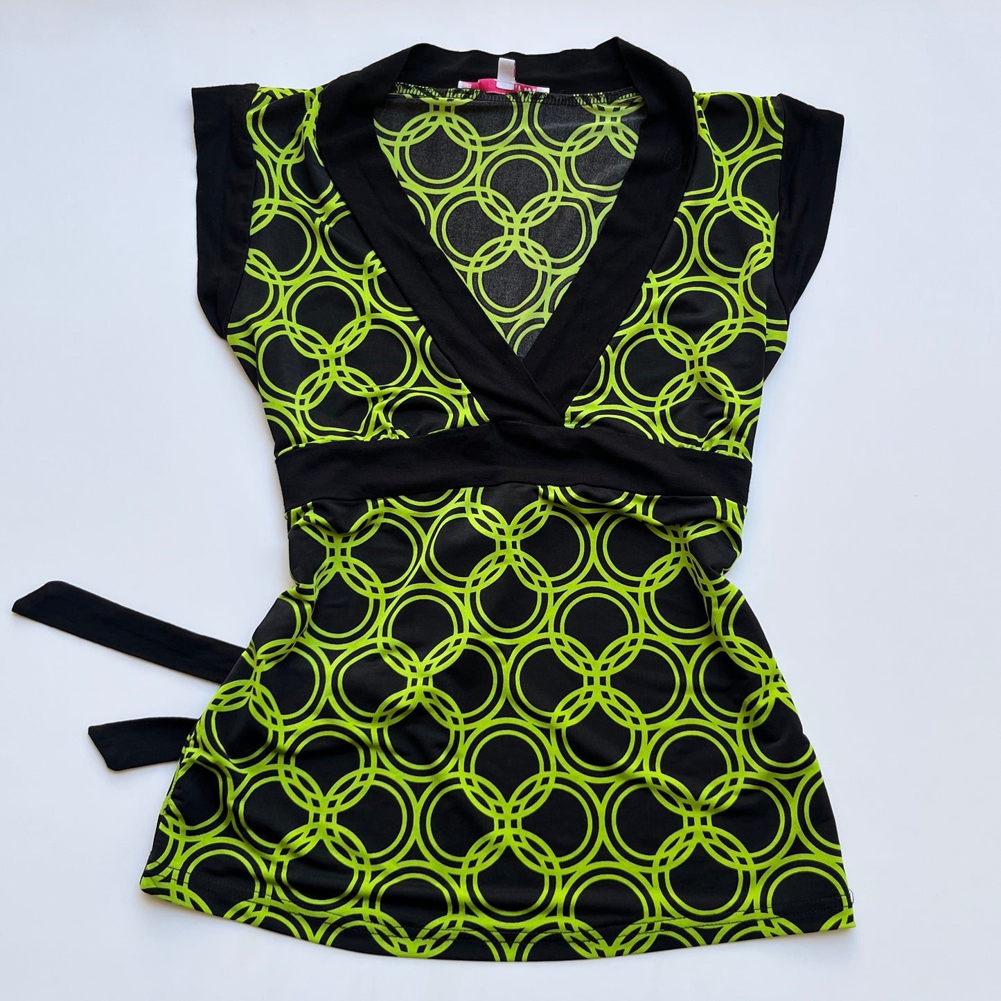 Vintage 00s Eclectic Black & Lime Green Blouse (S)