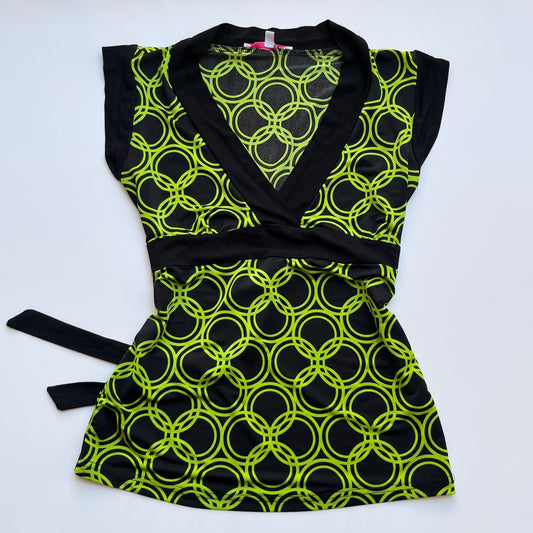 Vintage 00s Eclectic Black & Lime Green Blouse (S)