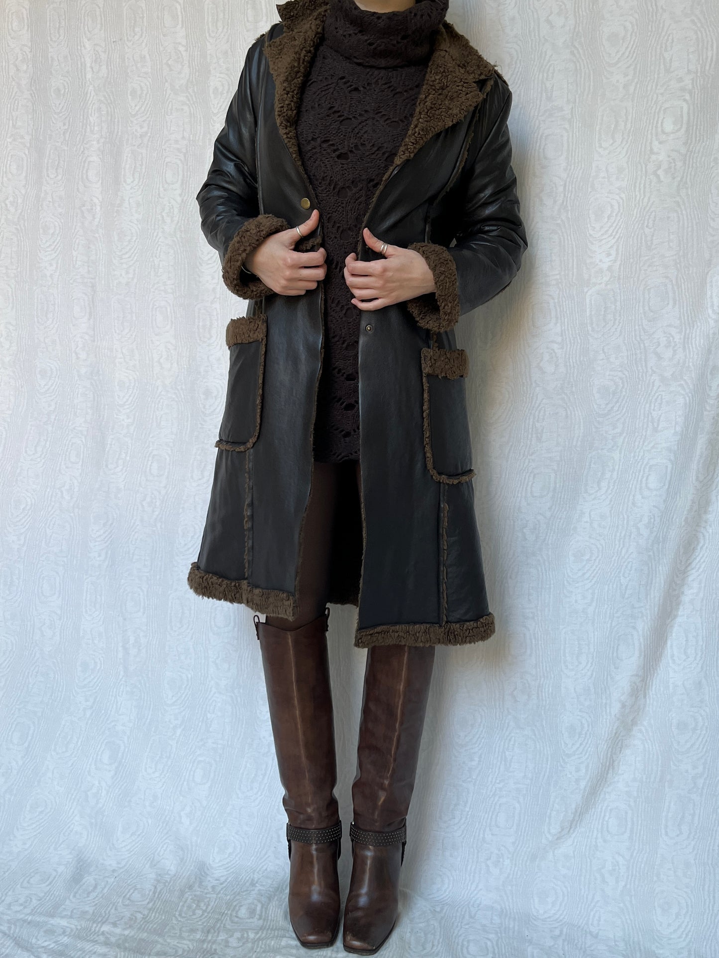 Vintage 90s Downtown Brown Faux Leather Coat (S)