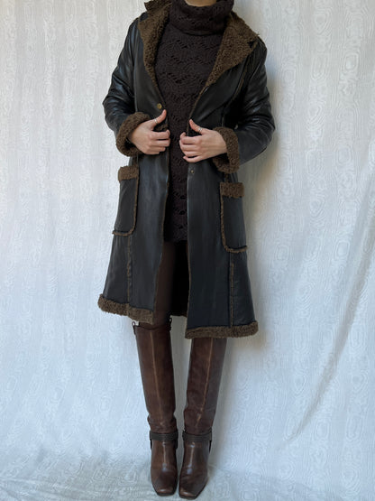 Vintage 90s Downtown Brown Faux Leather Coat (S)