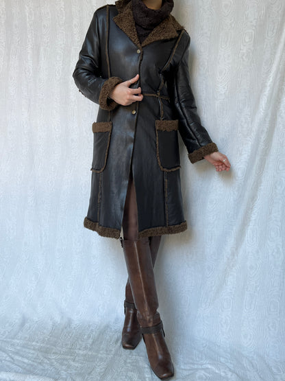 Vintage 90s Downtown Brown Faux Leather Coat (S)