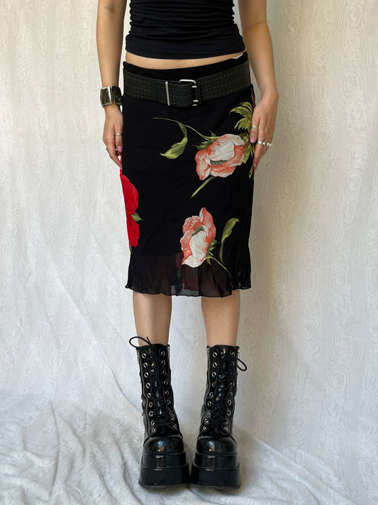 Vintage 90s Dark Romantic Floral Knee Skirt (S/M)