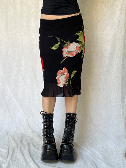 Vintage 90s Dark Romantic Floral Knee Skirt (S/M)