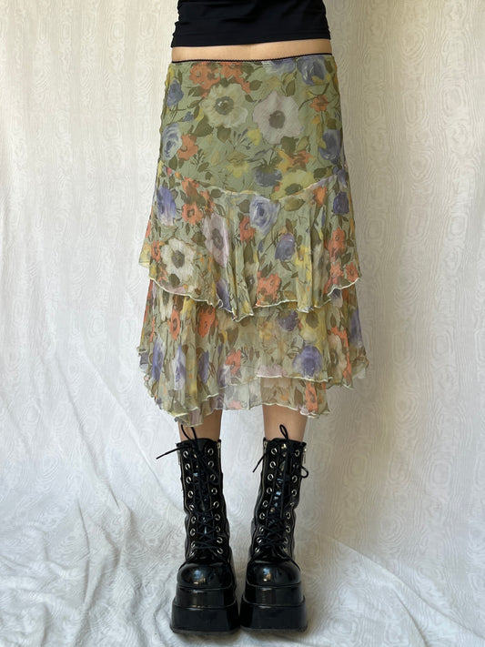Vintage 00s Fairy Silk Floral Midi Skirt (S)