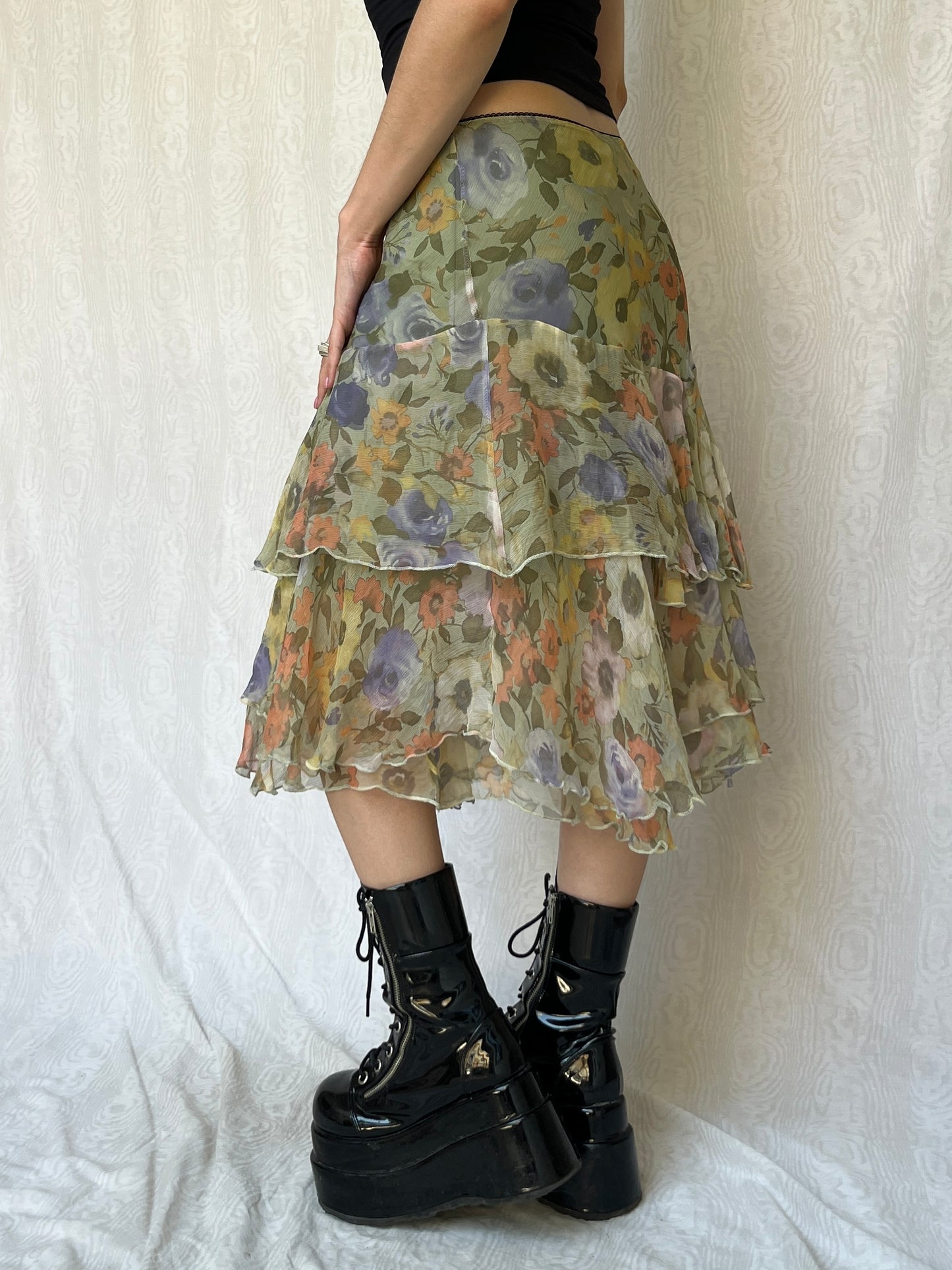 Vintage 00s Fairy Silk Floral Midi Skirt (S)